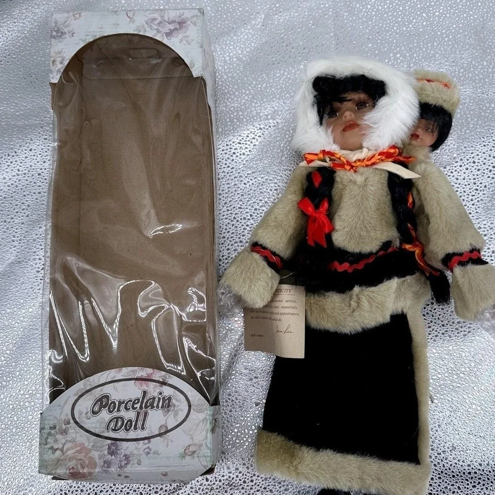 Vintage Porcelain Eskimo Dolls‎ Two Headed Fur Hooded Native American